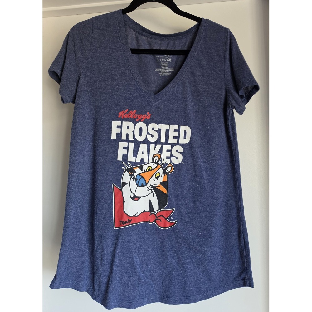 Kellogg's T-Shirt Women L Blue Graphic V-Neck Short Sleeve Casual Tee Top